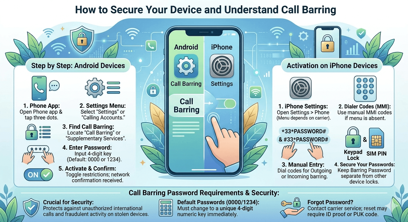 How to Secure Your Device and What is Call Barring Password Requirements The security of these network settings is maintained through a specific four-digit numeric key. What is call barring password is a question that arises whenever a user tries to modify their restrictions for the first time. By default, most network providers set this password to a simple sequence such as 0000 or 1234. However, it is highly recommended that users change this default code to something more secure to prevent unauthorized parties from lifting the restrictions. This password is the gatekeeper that prevents a thief from taking a stolen phone and immediately making high-cost international calls that would be charged to the original owner. Changing the password can often be done within the same supplementary services menu where the barring options are located. If the menu option is not visible, users can often use standardized MMI codes, which are sequences starting with asterisks and hashes. For example, a common code to change the barring password involves dialing a sequence like star star zero three star old password star new password star new password hash. This sends a direct command to the carrier to update the security credential. Keeping this password separate from your voicemail pin or your device unlock code adds an extra layer of protection to your overall telecommunications account. If you happen to forget your password or enter it incorrectly too many times, the feature may become locked as a security precaution. In this scenario, you will need to contact your mobile operator's customer service department to have the password reset. They may require you to provide proof of identity or a personal unblocking key associated with your sim card. This rigorous security approach is a primary reason why call barring is considered more robust than local call blocking. It ensures that the integrity of the calling restrictions is maintained at the infrastructure level, protecting both the user and the network provider from potential abuse or fraudulent activity. Step by Step Instructions for What is Call Barring on Android Devices Android smartphones offer a relatively standardized path for managing network features, though the exact naming conventions might vary slightly between manufacturers like Samsung, Google, or OnePlus. To find what is call barring on android, start by launching the primary phone application. From there, look for the settings icon which is often hidden behind a three-dot menu in the upper right corner of the screen. Within the settings menu, look for a section labeled calling accounts or supplementary services. This area contains the advanced features that interact directly with your mobile carrier's database rather than just the local software on the device. Once you have located the call barring section, the device will perform a brief query of the network. You will see a list of categories such as outgoing calls and incoming calls. To activate a restriction, simply tap the category you wish to change. At this point, the android system will request the call barring password. Enter your four-digit network pin and wait for the confirmation message. If successful, the toggle will move to the on position, and the network will now filter your calls according to the rules you have set. This process is identical for most android skins, making it a universal way to manage your connectivity without needing third-party applications. If you encounter an error during this process, it could be due to several factors Incorrect Password Entering the wrong four-digit pin more than three times can temporarily disable the ability to change settings. Network Incompatibility Some prepaid plans or virtual network operators do not support network-level call barring through the android menu. Sim Card Issues An older or damaged sim card may fail to properly communicate the MMI codes required to update barring status. Active Call Forwarding Sometimes, having call forwarding enabled can create a conflict with incoming call barring rules on certain network infrastructures. How to Activate Call Barring on iPhone Devices The process for Apple users is slightly different because the iOS interface tends to simplify or hide some of the more technical network settings. To manage these features on an iPhone, navigate to the main settings app and scroll down to the phone section. Here, you may see an option for call barring, but it is highly dependent on whether your carrier has enabled this menu for the iPhone. If it is not present, iPhone users typically rely on the manual entry of dialer codes to manage their barring status. This involves opening the keypad in the phone app and typing specific strings of characters to communicate with the carrier's backend. For example, to bar all outgoing calls on an iPhone using network codes, you would dial star thirty-three star followed by your password and the hash symbol. To deactivate this setting later, you would dial hash thirty-three star followed by the password and hash. These codes are part of the universal GSM standard and work across almost all global networks. While not as visual as a toggle switch in a menu, using these codes is a powerful way to manage your account settings directly. It is always a good idea to keep a list of these codes in a secure note on your device if you plan on changing your barring status frequently while traveling. Another aspect of the iPhone experience involves the use of the Do Not Disturb or Focus modes. While these are not technical call barring in the network sense, they provide a similar user experience by silencing incoming calls. However, for true network-level restriction that prevents a caller from even reaching your voicemail or triggering a roaming charge, the dialer codes or the carrier's official app remain the only effective methods. Understanding how to deactivate call barring via these codes ensures that you can quickly restore full functionality to your device when you return from an international trip or no longer need the restrictions.