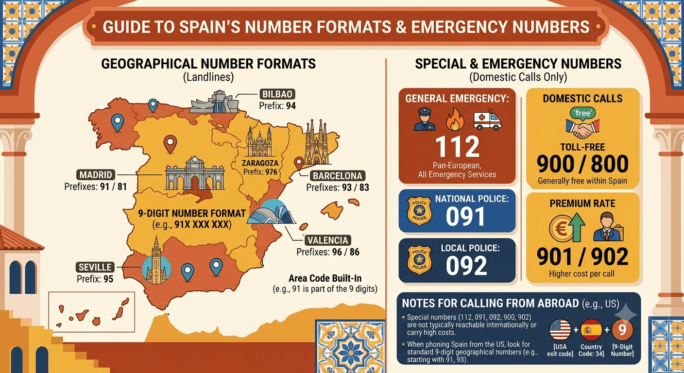 Spain number formats and emergency numbers