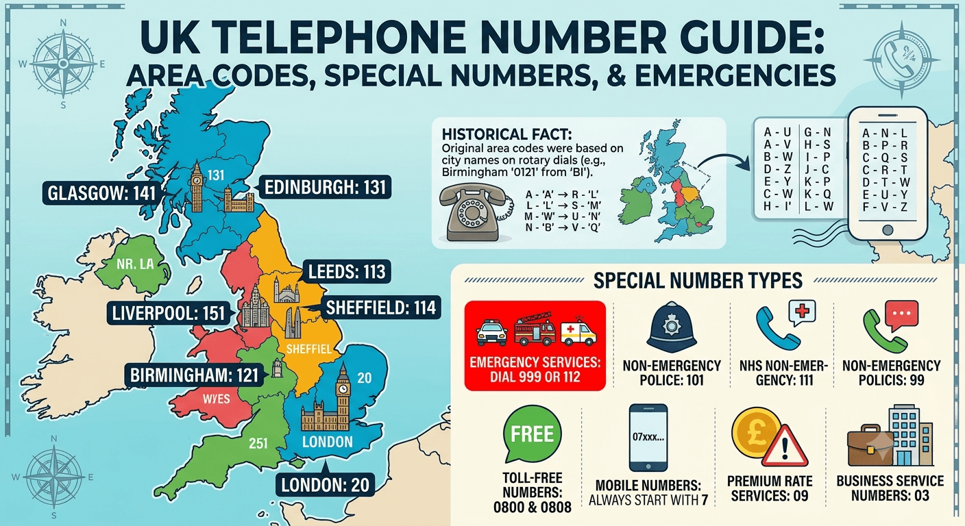 UK area codes, toll-free, and emergency numbers