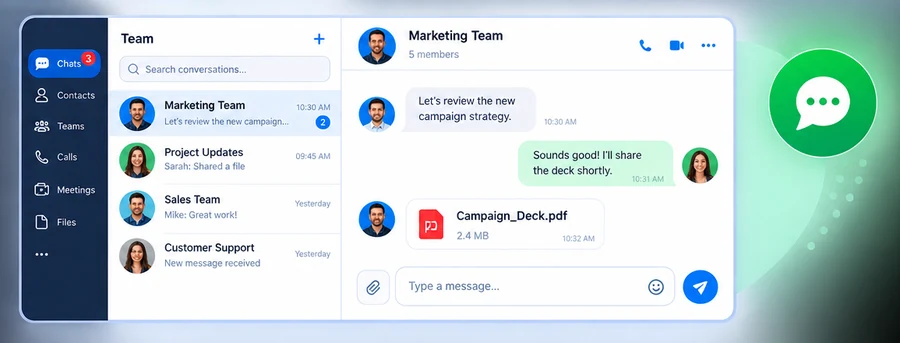 Business team messaging and chat interface
