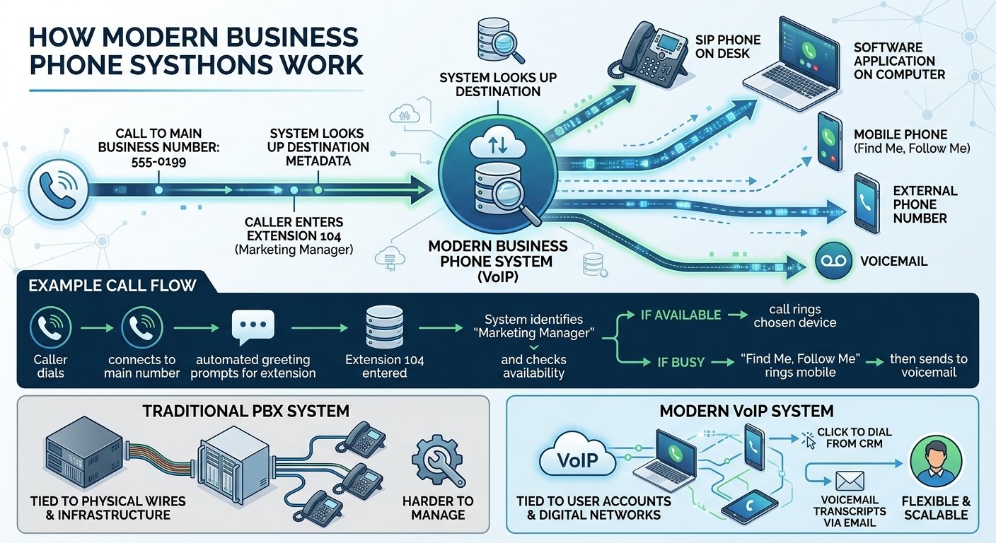How do phone extensions work in a modern business?