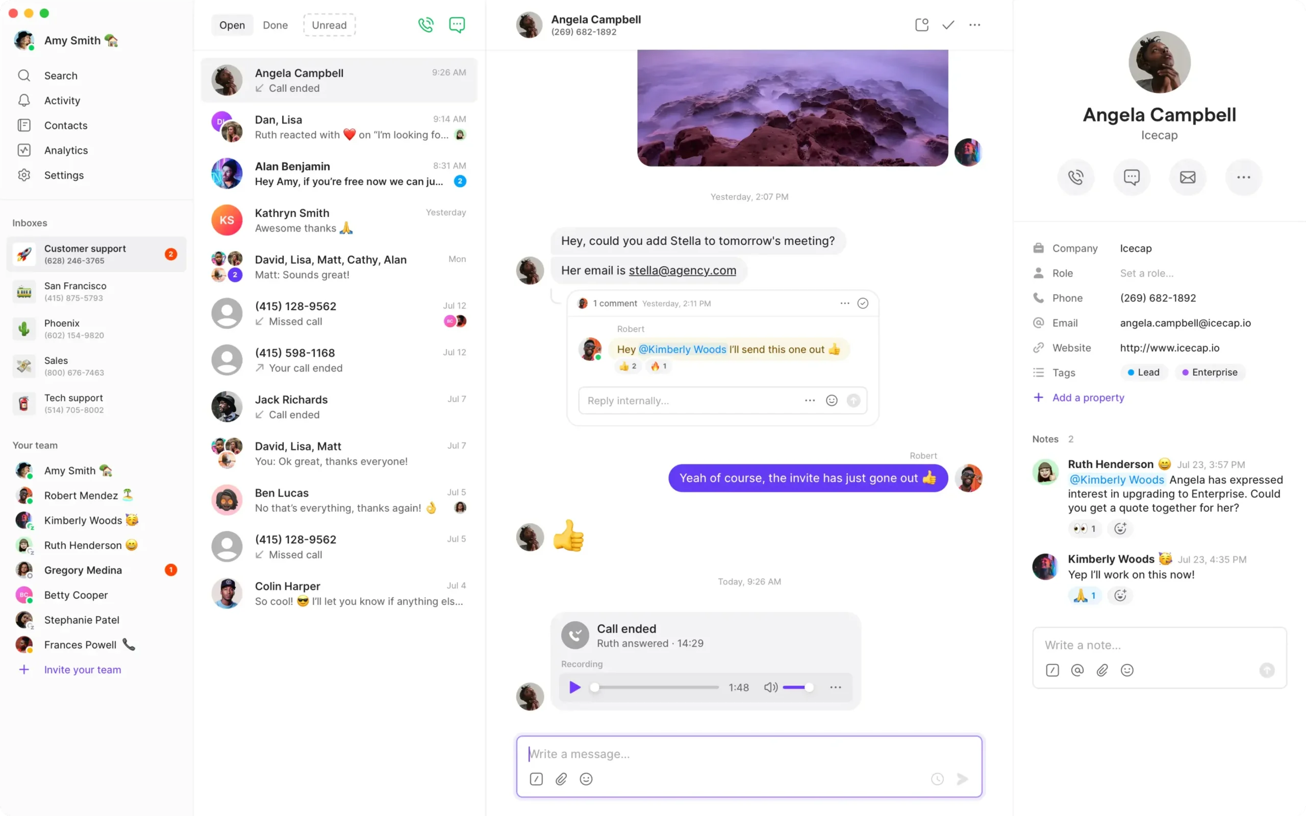 Quo business calling and customer conversation dashboard example