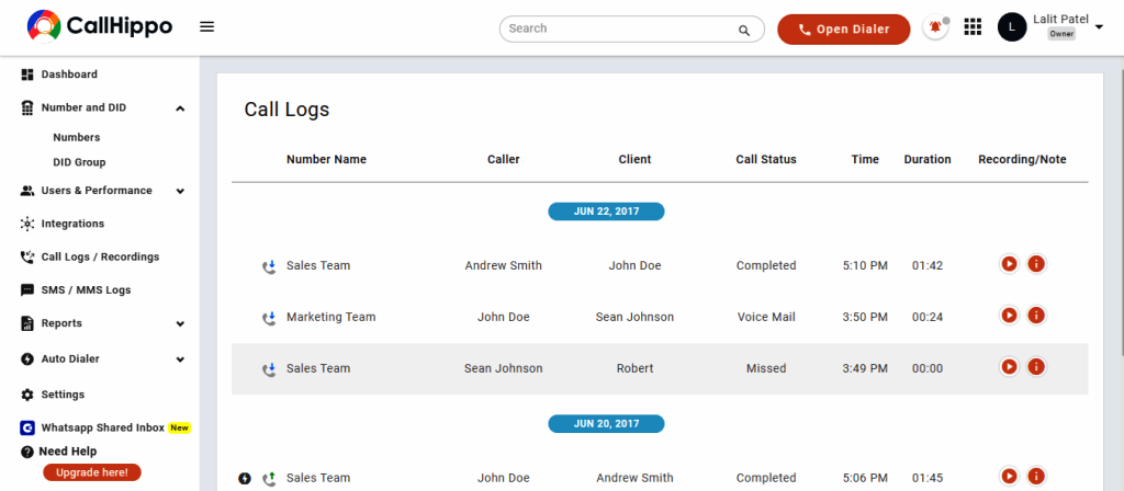 CallHippo calling dashboard example