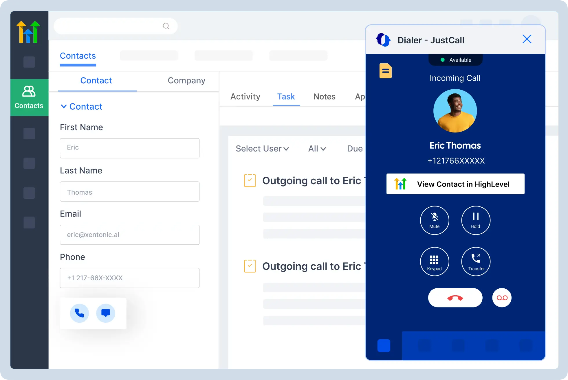 JustCall customer communications dashboard example