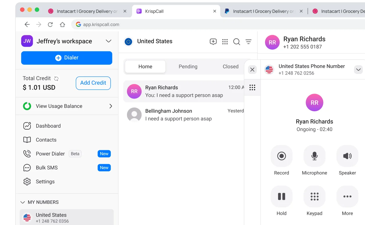 KrispCall app interface for managing customer conversations.