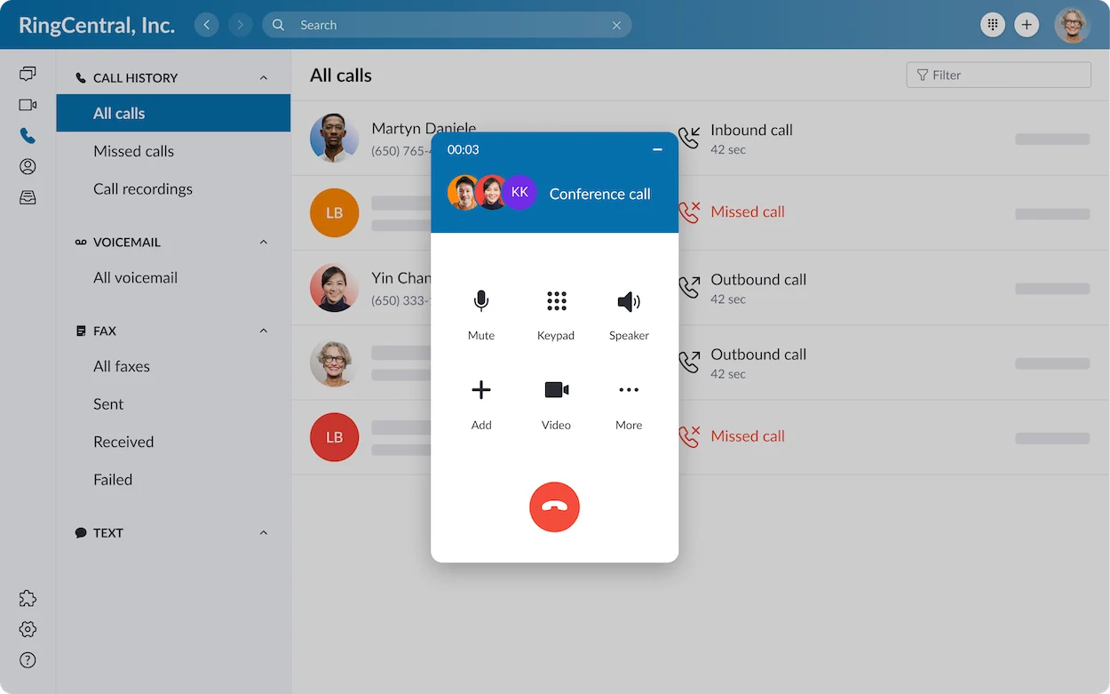 RingCentral app dashboard illustrating employee calls and collaboration