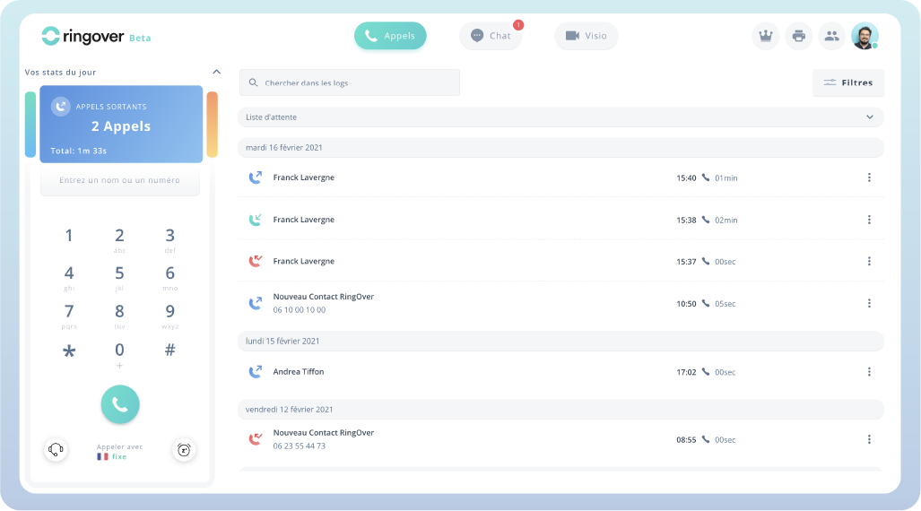 Ringover calling dashboard example