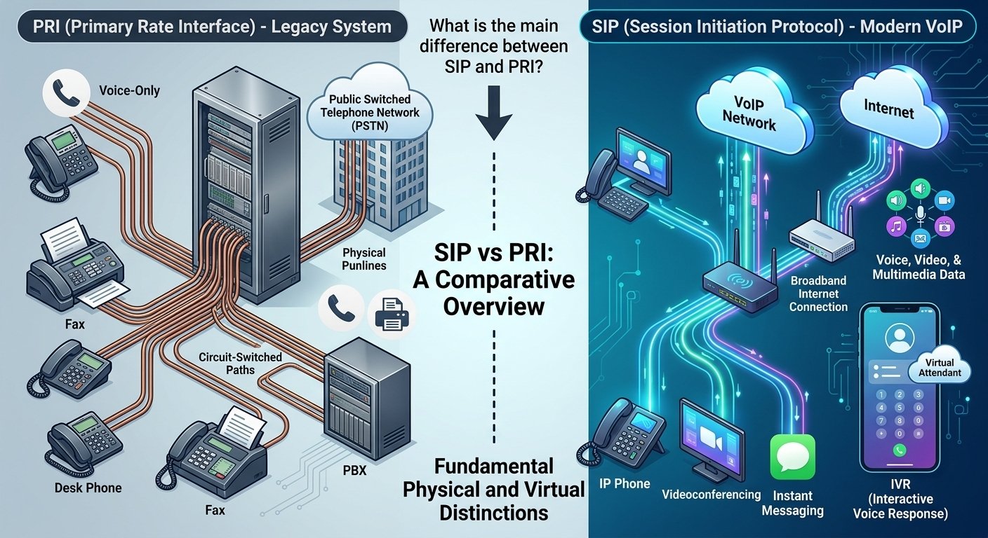 What is the main difference between SIP and PRI?