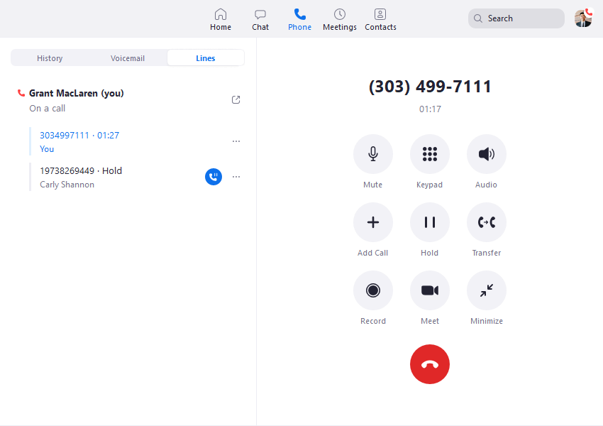 Zoom Phone app dashboard