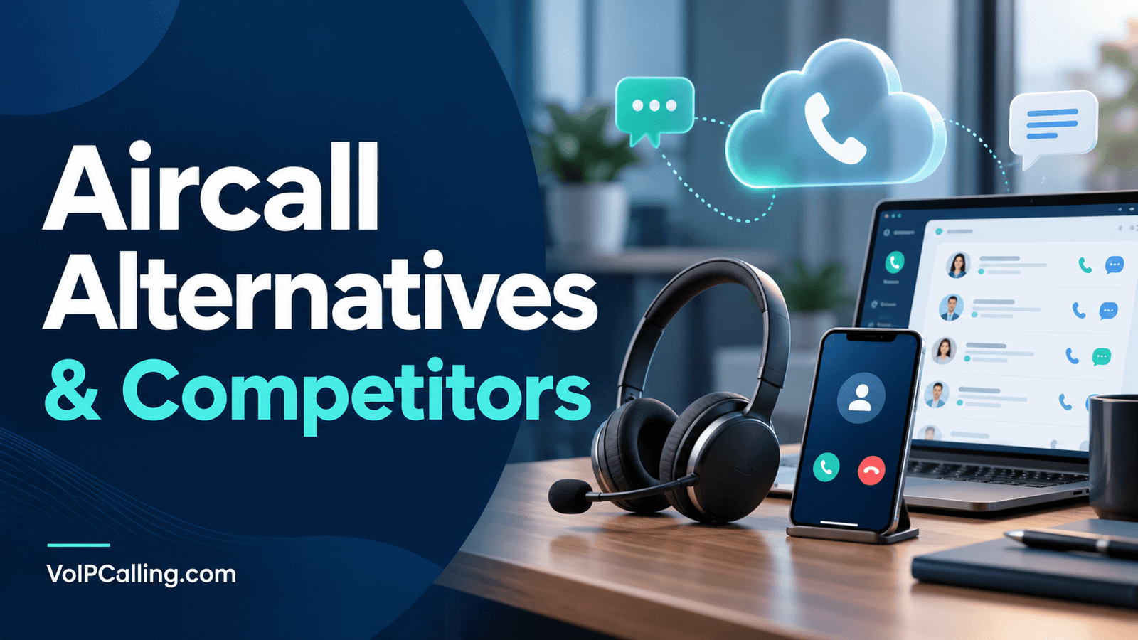 Aircall alternatives and competitors featuring a headset, smartphone, CRM dashboard and cloud calling symbols.