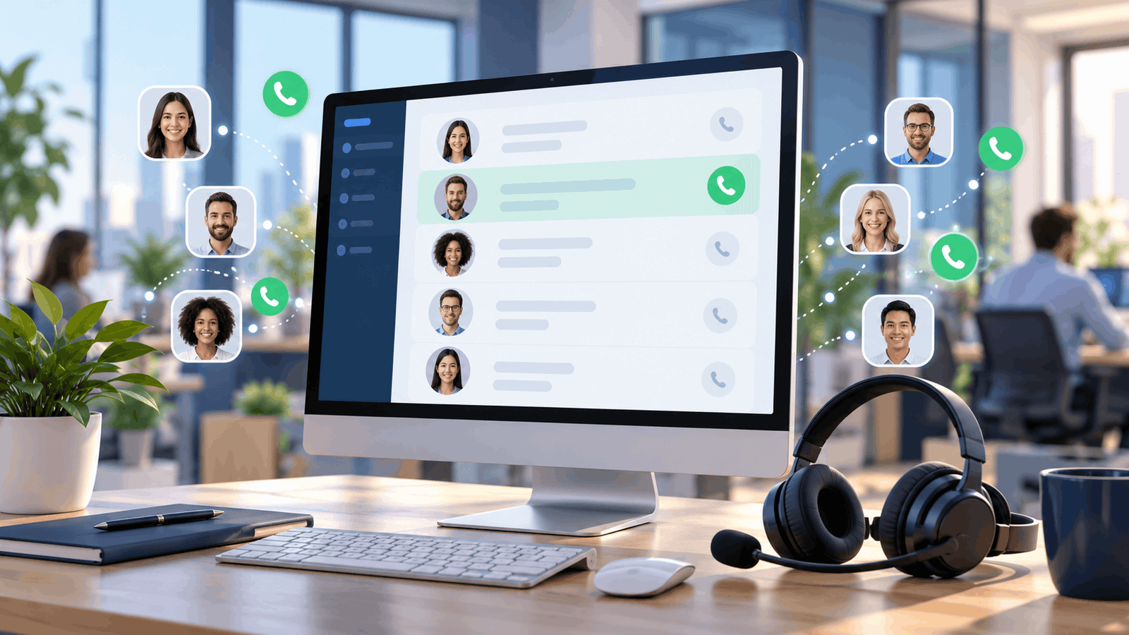 Auto dialer interface displaying a contact list and calling icons beside a headset in a modern office.