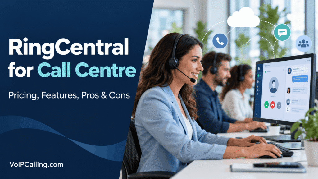 RingCentral for call centres, featuring headset-wearing agents and cloud communication icons.