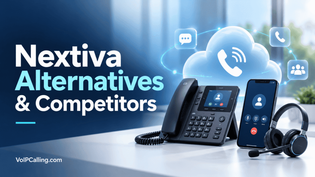 Nextiva alternatives and competitors featuring cloud calling, a business desk phone, smartphone and headset.