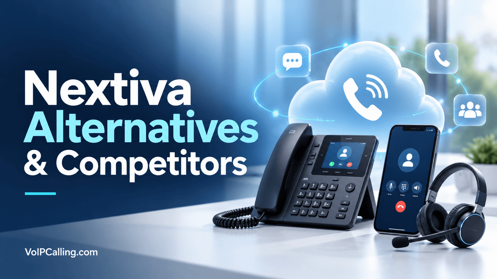 Nextiva alternatives and competitors featuring cloud calling, a business desk phone, smartphone and headset.