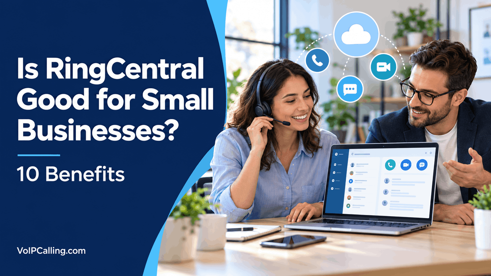 RingCentral benefits for small businesses, featuring two colleagues using a laptop and headset with cloud communication icons.