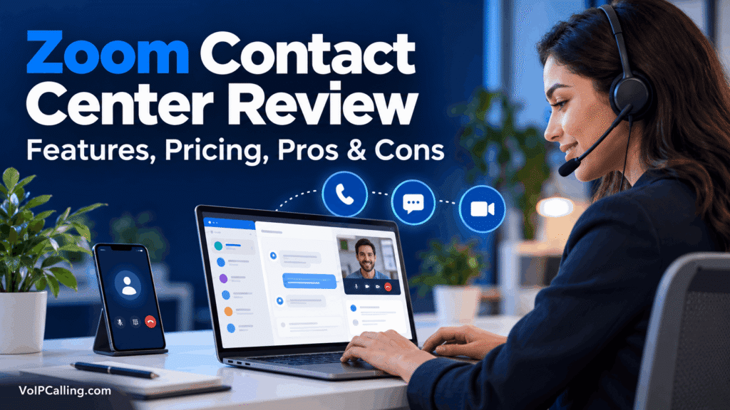 Zoom Contact Center review illustrated with a support agent and voice, chat and video tools.