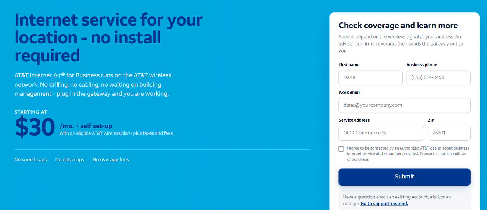 Sample AT&T Internet Air inquiry form