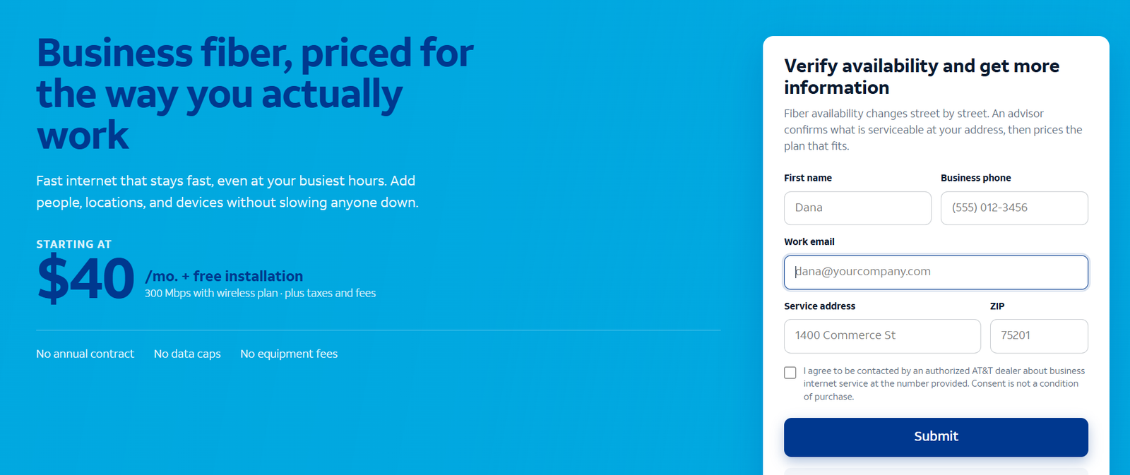 Sample AT&T Business Fiber inquiry form