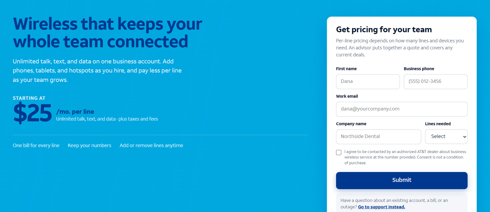 Sample AT&T Business Wireless inquiry form