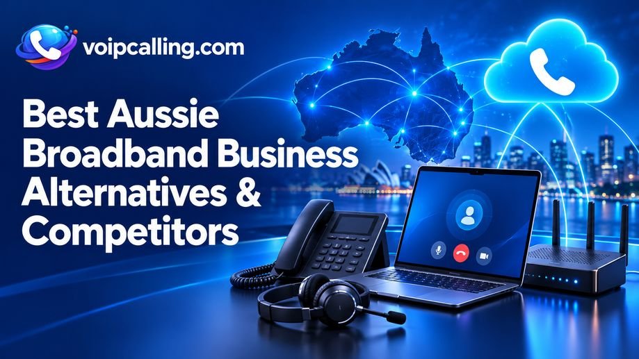 Aussie Broadband Business alternatives and competitors featuring a laptop, desk phone, headset, Wi-Fi router and cloud calling symbol beside a map of Australia.