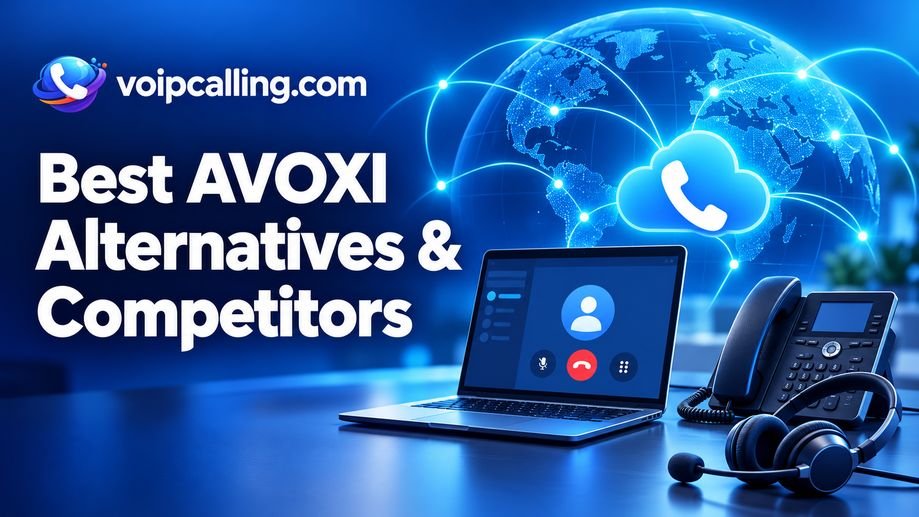 Best AVOXI alternatives and competitors with VoIPCalling.com branding, a laptop, desk phone, headset and cloud calling icon over a connected globe.
