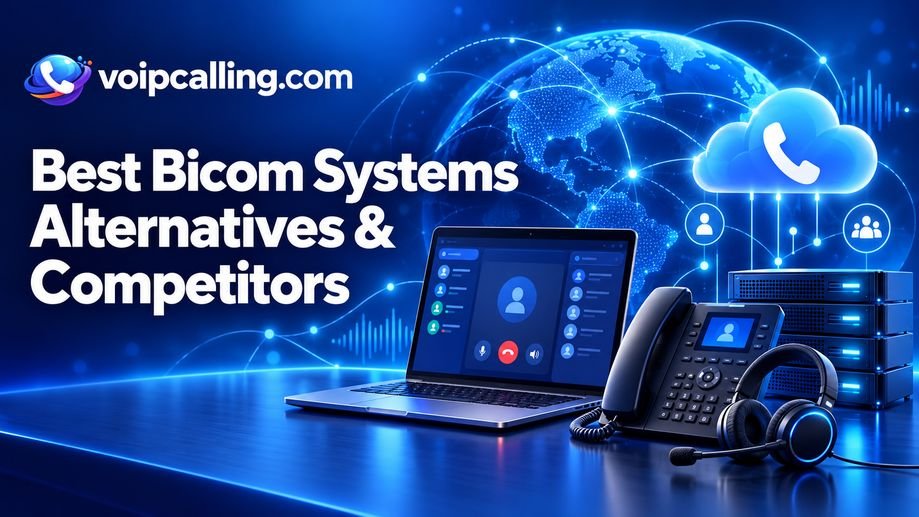 Best Bicom Systems alternatives and competitors with VoIPCalling.com branding, a laptop, desk phone, headset, servers and cloud calling icon against a connected globe.