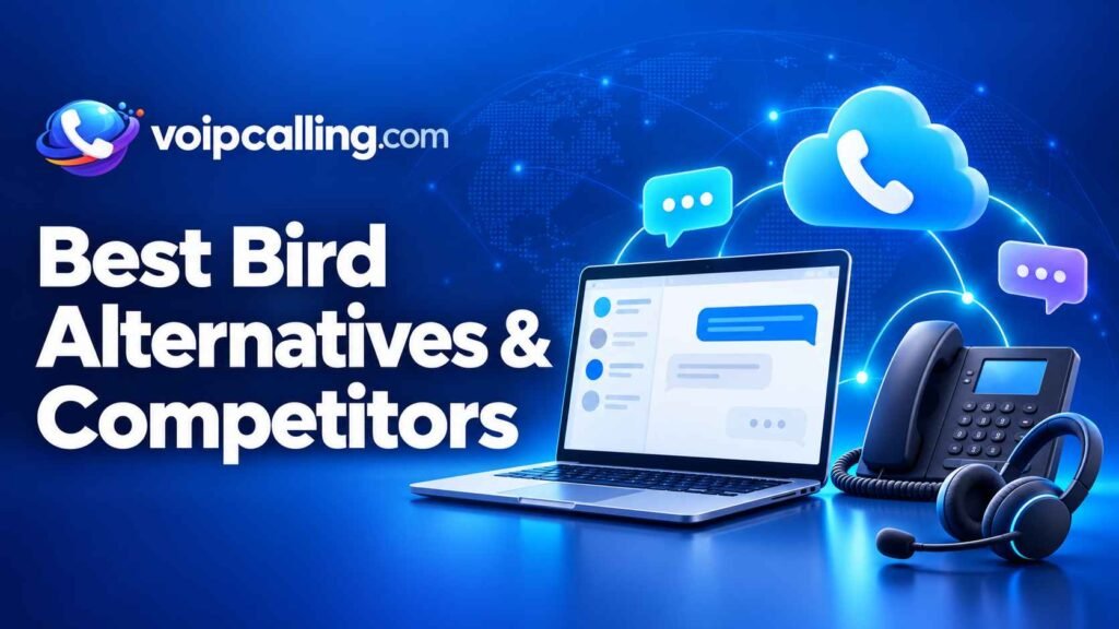 Best Bird alternatives and competitors with VoIPCalling.com branding, a messaging laptop, desk phone, headset and cloud calling icon.