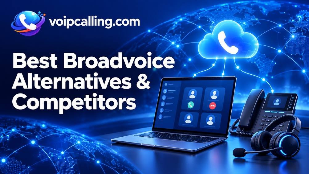 Best Broadvoice alternatives and competitors with VoIPCalling branding, a laptop, desk phone, headset and cloud calling icon.