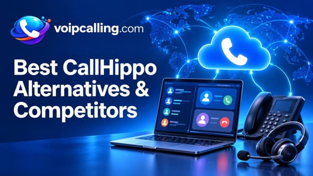 Best CallHippo alternatives and competitors with VoIPCalling branding, a laptop, desk phone, headset and cloud calling icon.