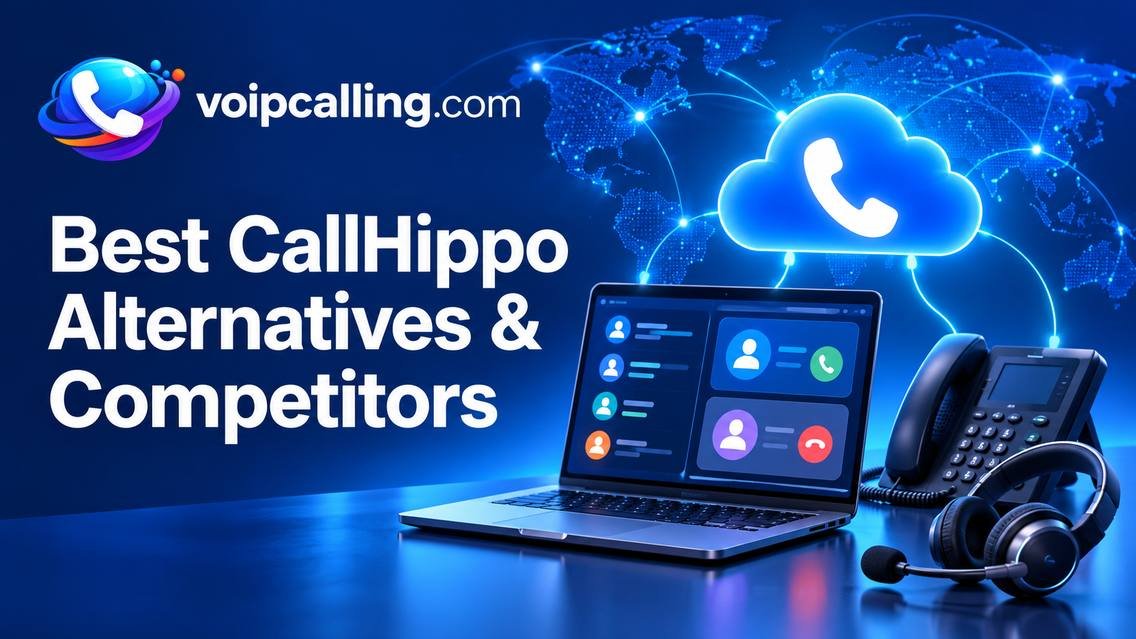 Best CallHippo alternatives and competitors with VoIPCalling branding, a laptop, desk phone, headset and cloud calling icon.