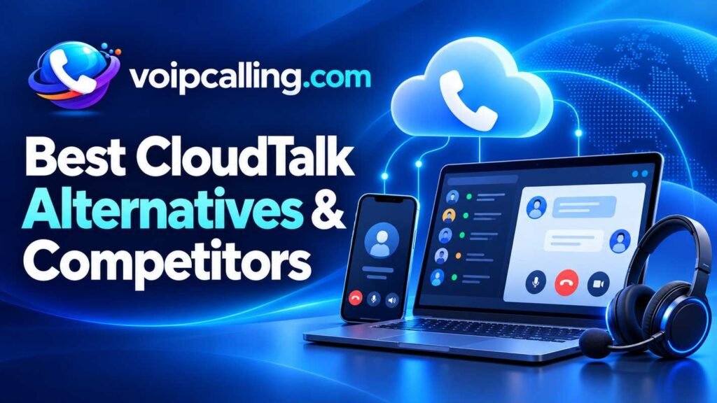 Best CloudTalk alternatives and competitors featured image with VoIPCalling branding, cloud phone icon, laptop, smartphone and headset.