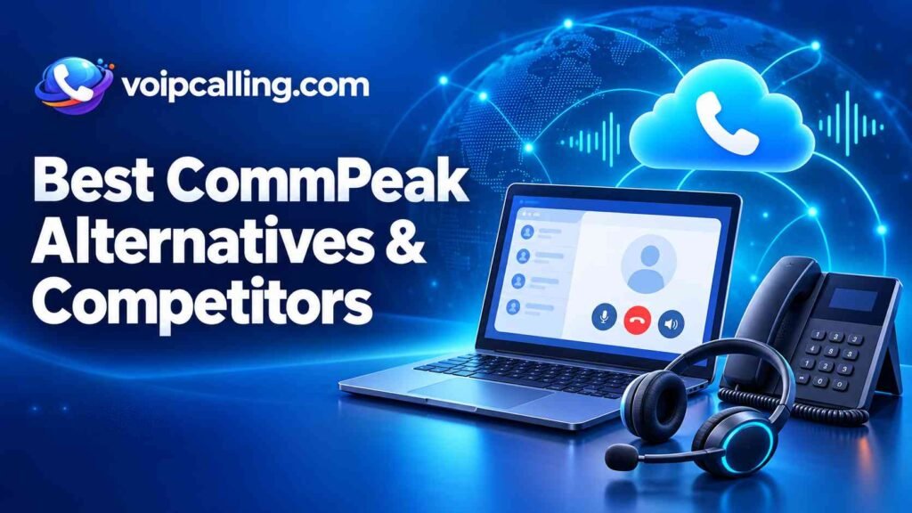 Best CommPeak alternatives and competitors with VoIPCalling.com branding, a laptop, desk phone, headset, cloud calling icon and audio waveforms.