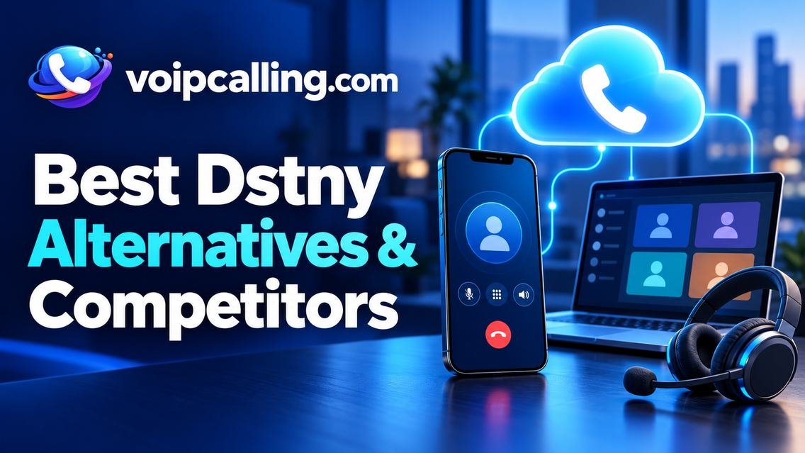 Best Dstny alternatives and competitors with VoIPCalling branding, a smartphone, laptop, headset and cloud phone icon.