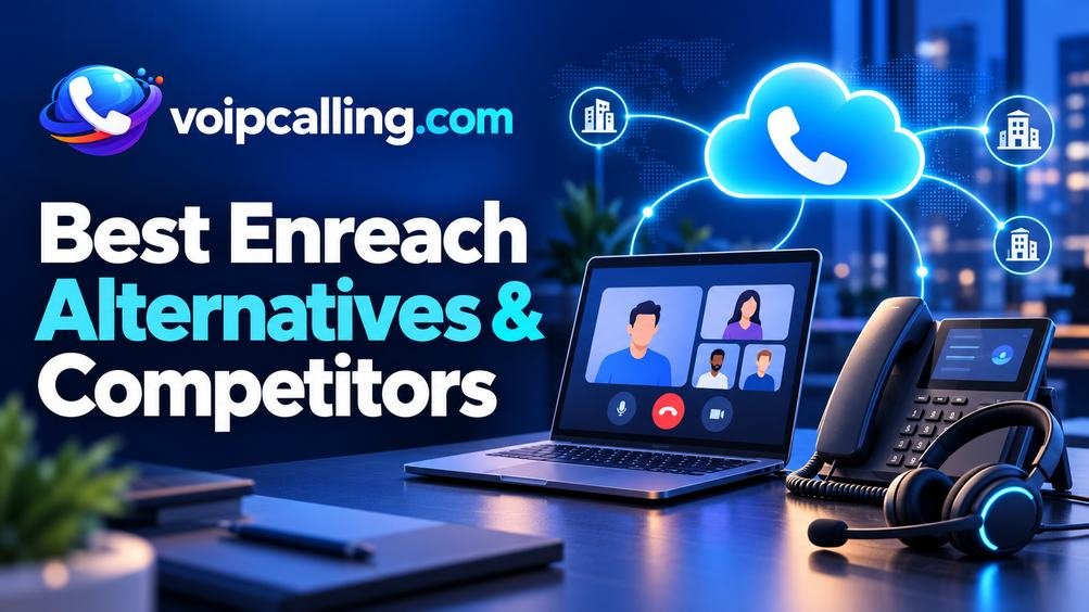 Best Enreach alternatives and competitors with VoIPCalling branding, a laptop, desk phone, headset and cloud phone icon connecting office locations.