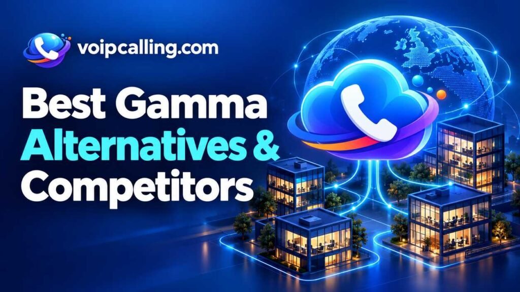 Gamma alternatives and competitors illustrated with a cloud phone connecting business offices across a global network.