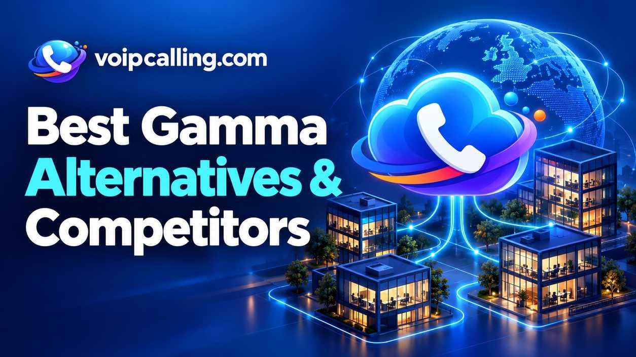 Gamma alternatives and competitors illustrated with a cloud phone connecting business offices across a global network.