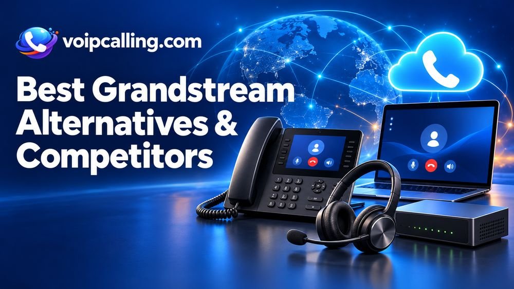 Grandstream alternatives and competitors featuring a desk phone, laptop, headset, PBX appliance and cloud calling symbol against a connected globe.