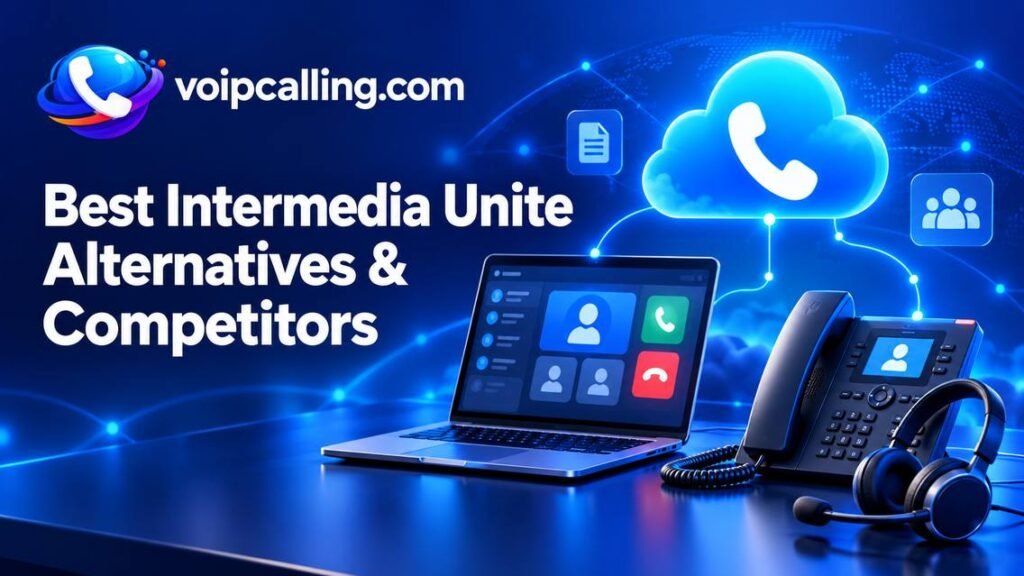 Best Intermedia Unite alternatives and competitors with VoIPCalling branding, a laptop, desk phone, headset and cloud calling icon.