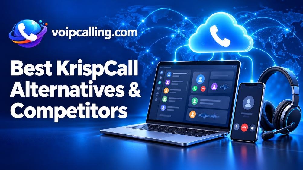 Best KrispCall alternatives and competitors with VoIPCalling branding, a laptop, smartphone, headset and cloud calling icon.