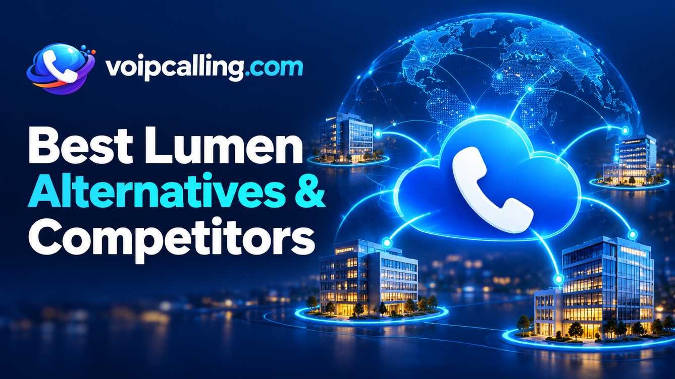 Lumen alternatives and competitors illustrated with a cloud phone connecting business offices across a global network.