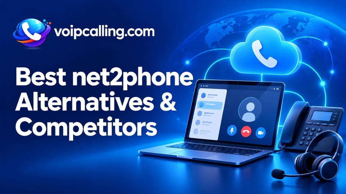 Best net2phone alternatives and competitors with VoIPCalling.com branding, a laptop, desk phone, headset and cloud calling icon.