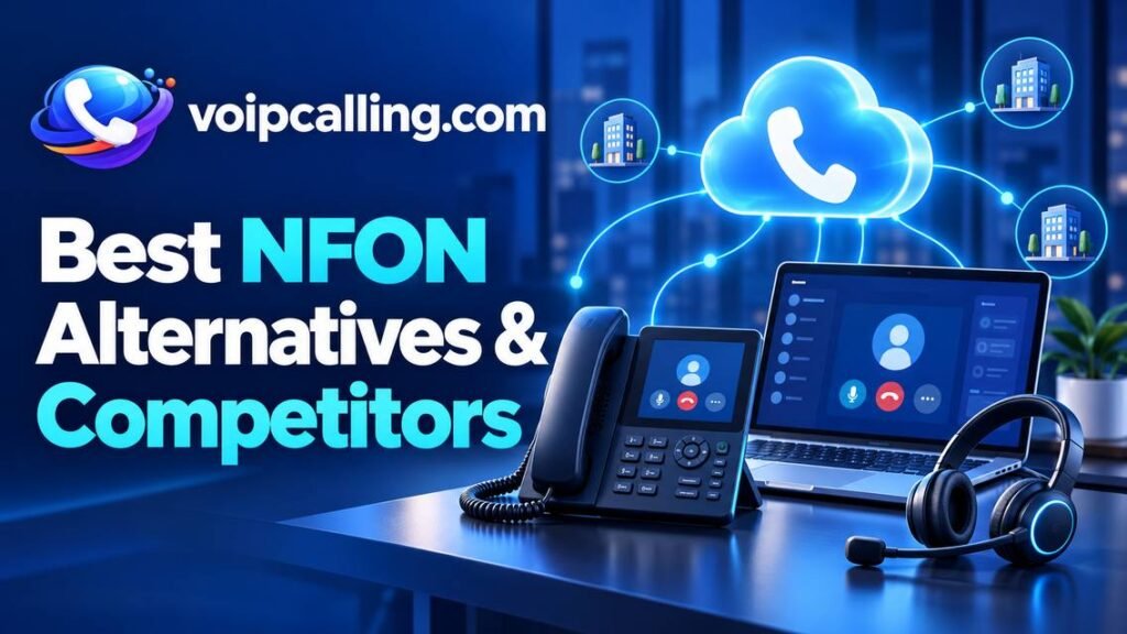 Best NFON alternatives and competitors with VoIPCalling branding, a desk phone, laptop, headset and cloud phone icon connecting office locations.