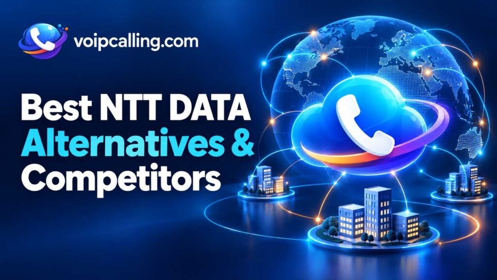 NTT DATA alternatives and competitors illustrated with a cloud phone, connected globe and business offices.