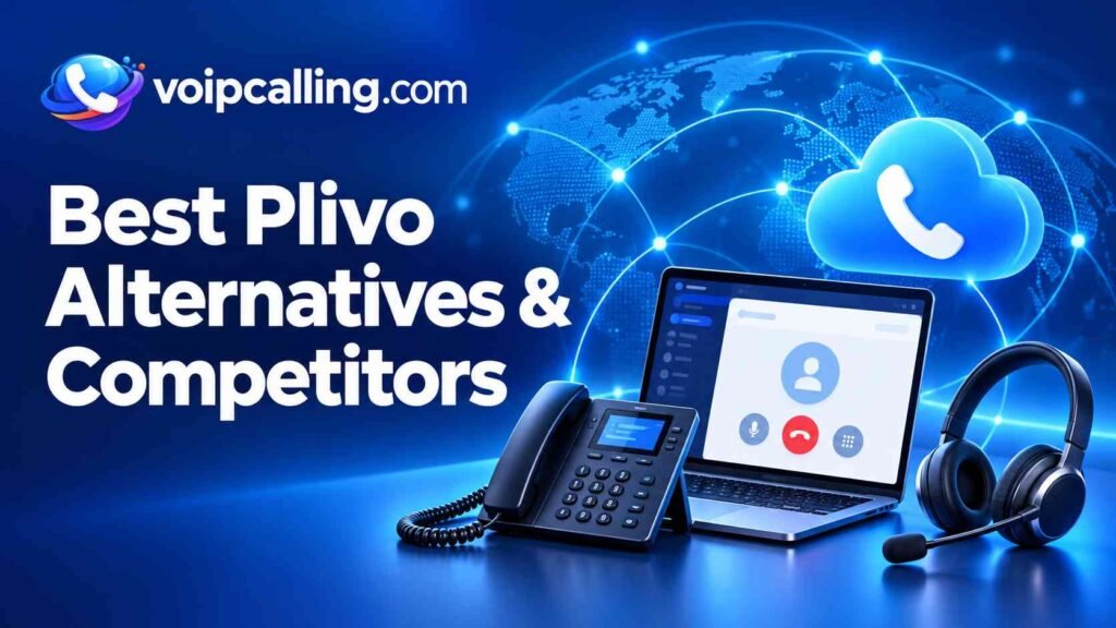 Best Plivo alternatives and competitors with VoIPCalling.com branding, a laptop, desk phone, headset and cloud calling icon.