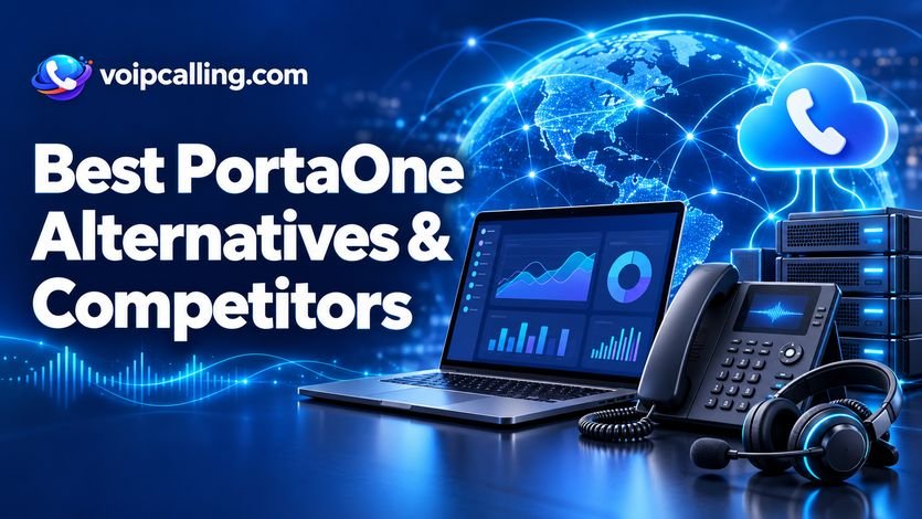 Best PortaOne alternatives and competitors with VoIPCalling.com branding, a laptop, desk phone, headset, servers and cloud calling icon against a connected globe.