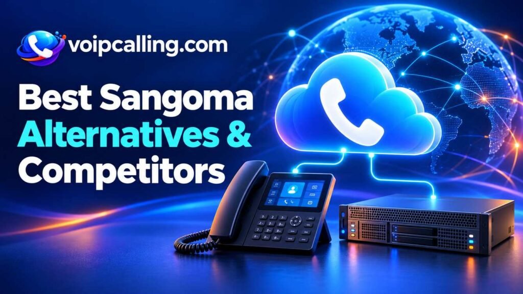 Sangoma alternatives and competitors illustrated with a desk phone, PBX server and cloud calling network.