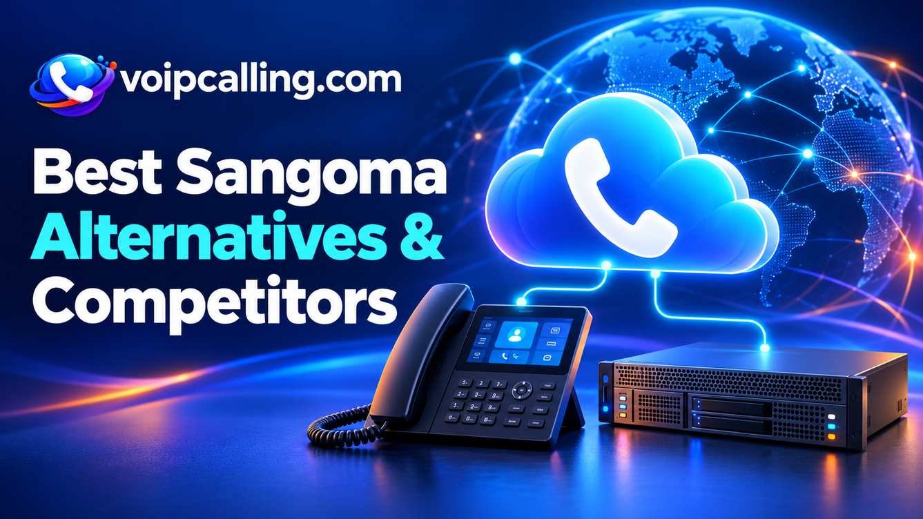 Sangoma alternatives and competitors illustrated with a desk phone, PBX server and cloud calling network.