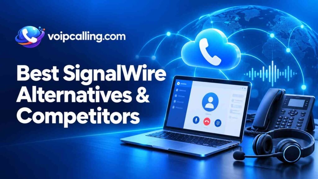 Best SignalWire alternatives and competitors with VoIPCalling.com branding, a laptop, desk phone, headset, cloud calling icon and audio waveform.