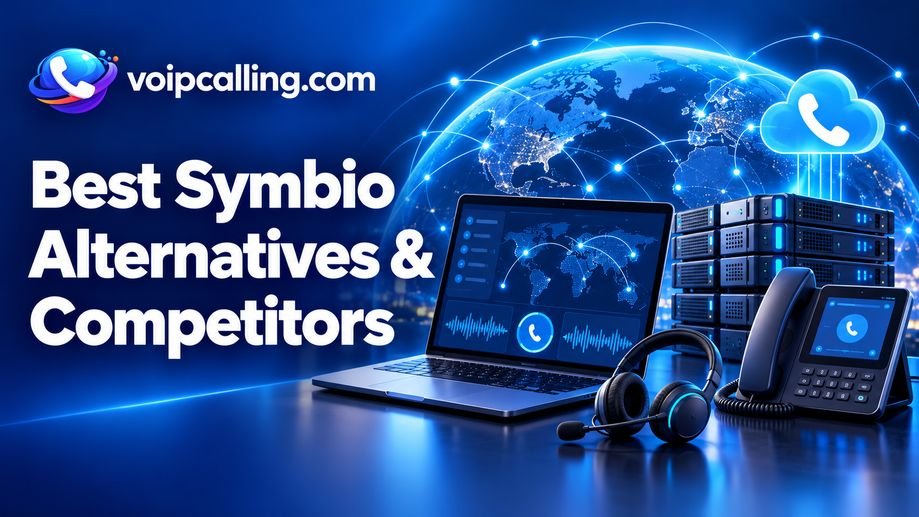 Best Symbio alternatives and competitors with VoIPCalling.com branding, a laptop, servers, desk phone, headset and cloud calling icon against a connected globe.