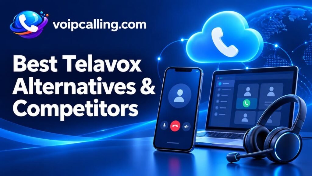 Best Telavox alternatives and competitors with VoIPCalling branding, a smartphone, laptop, headset and cloud phone icon.